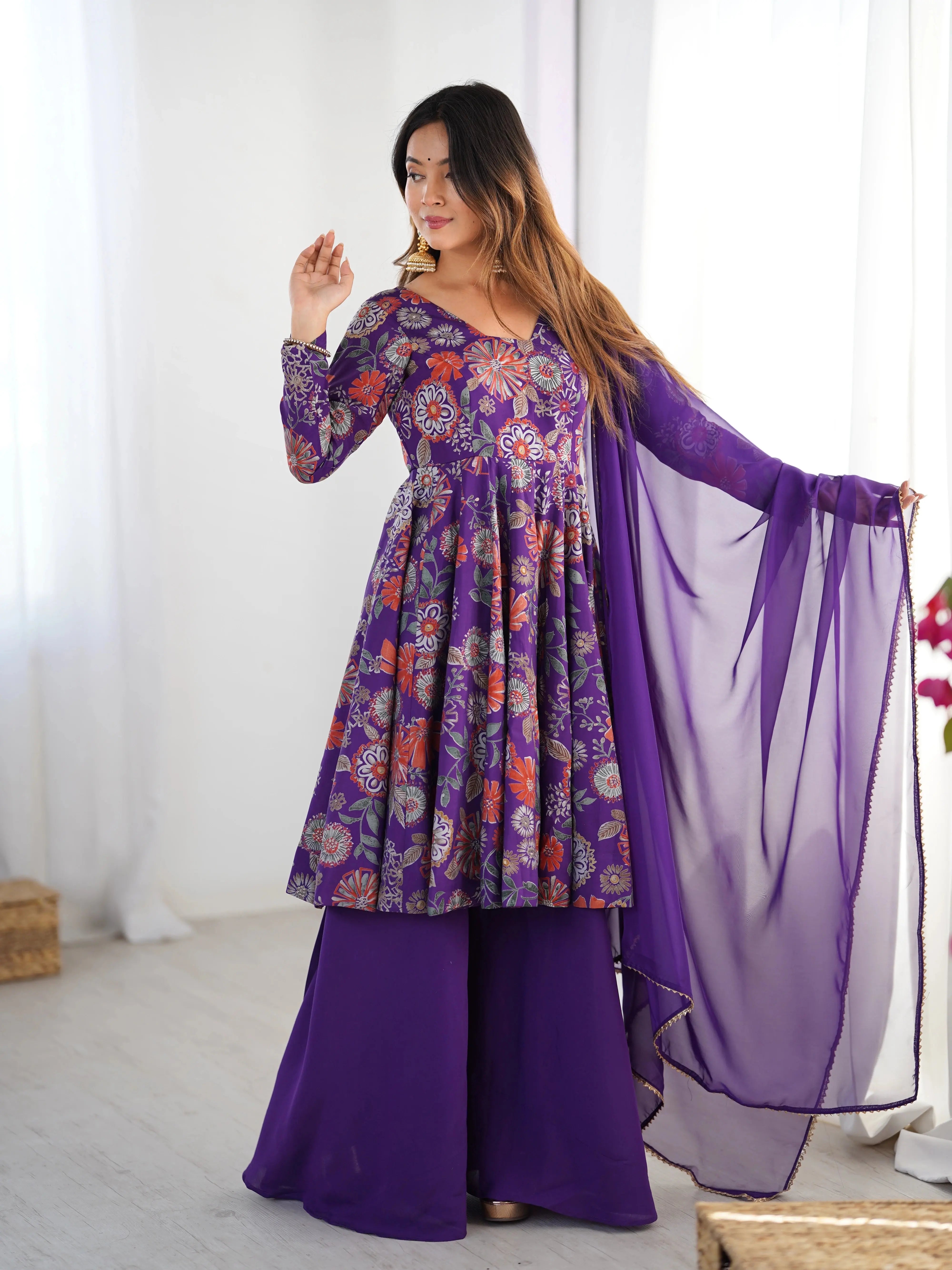 Purple Discharge Print Suit, front view with palazzo