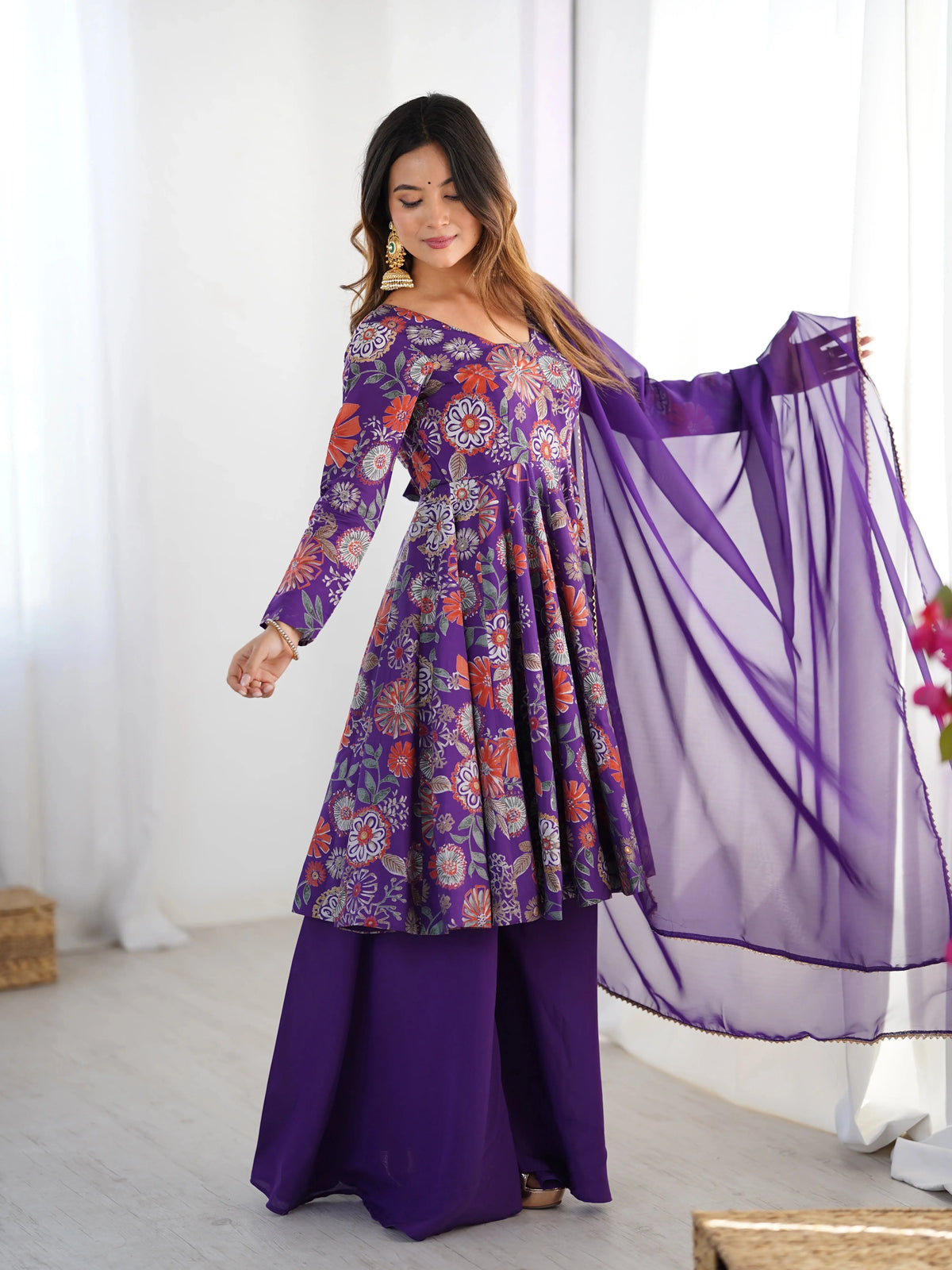 Purple Discharge Print Suit, front view showing floral print
