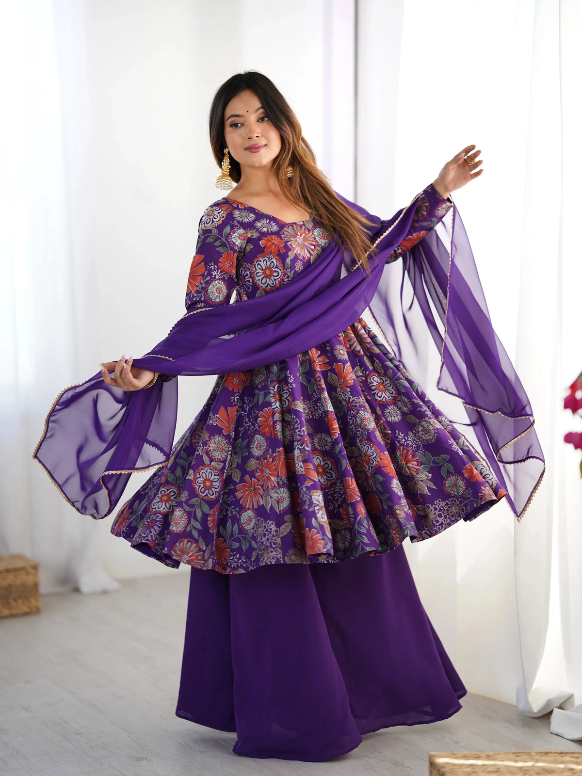 Purple Discharge Print Suit, side view with dupatta movement