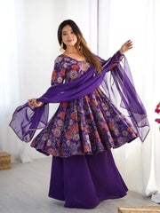 Purple Discharge Print Suit, side view with dupatta movement