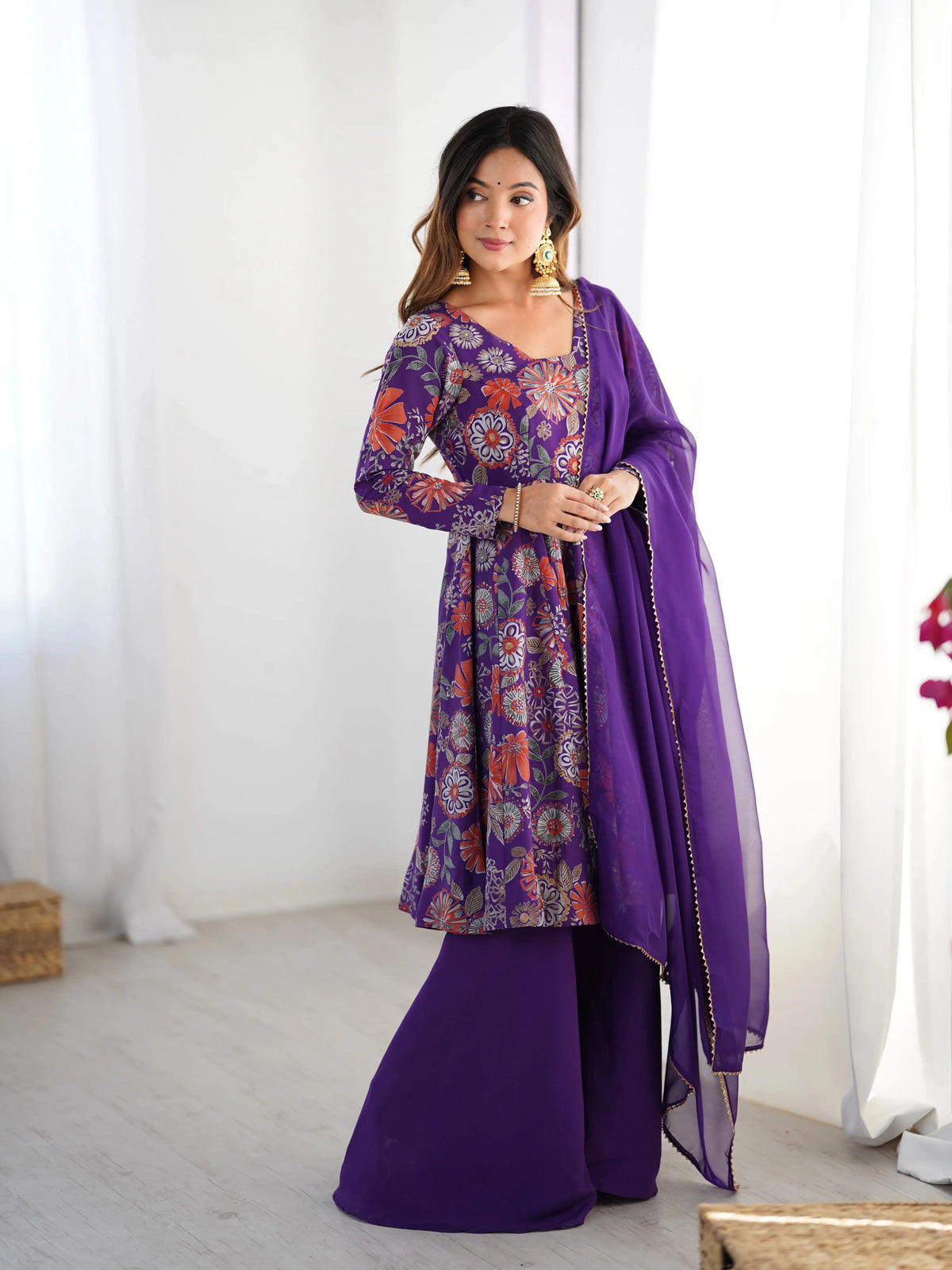 Purple Discharge Print Suit, side pose with dupatta