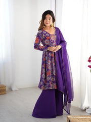 Purple Discharge Print Suit, side pose with dupatta