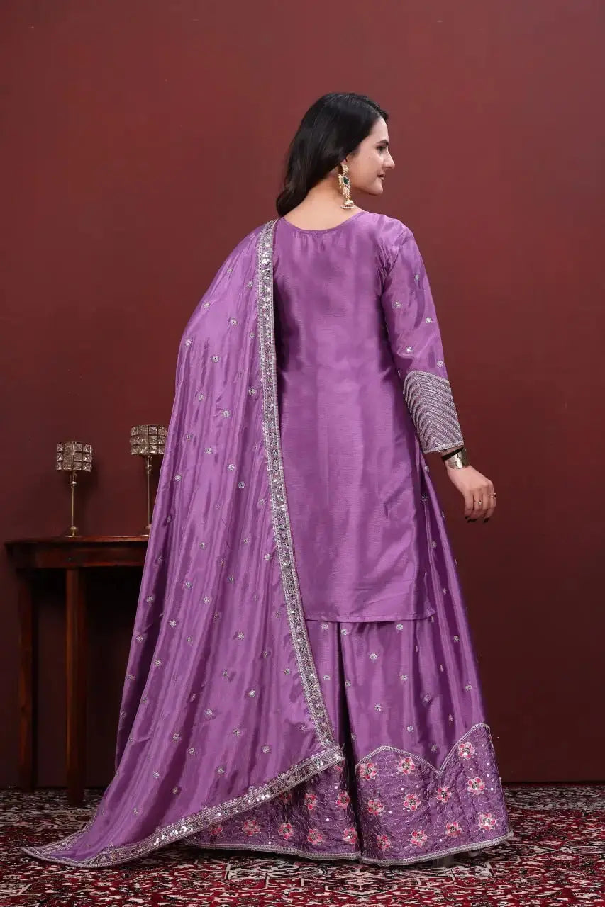 Purple Heavy Sequins Embroidered Sharara Suit Back View – Plain Back with Embroidered Sharara Border