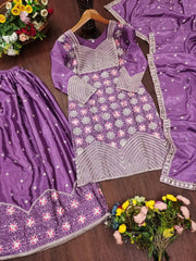 Purple Heavy Embroidered Sharara Suit Flat Lay – Kurta, Sharara and Dupatta Full Set