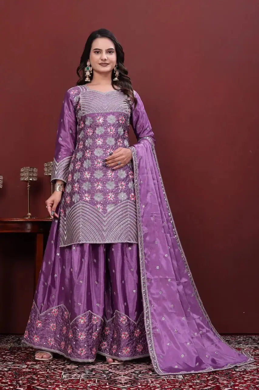 Purple Heavy Sequins Embroidered Sharara Suit – Full Front View with Chinon Fabric and All-Over Floral Embroidery