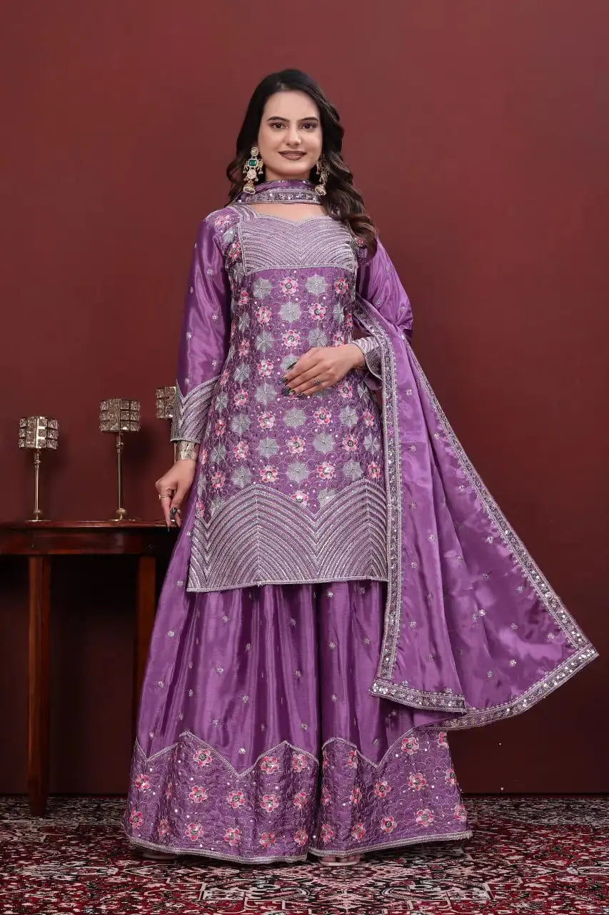 Purple Heavy Embroidered Sharara Suit Full View – Matching Floral Embroidered Sharara Hem KU227