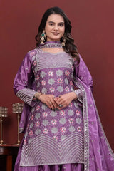 Purple Sharara Suit Portrait – Dense 3D Floral Hexagonal Motifs with Silver Mirror Work