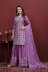 Purple Sharara Suit with Dupatta – Dense V-Chevron Sequins Embroidery on Short Kurta