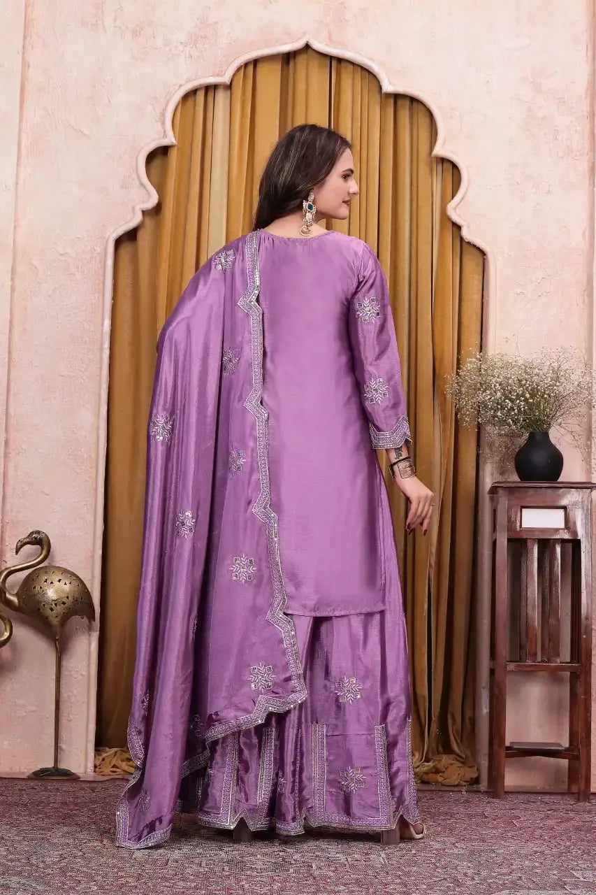 Purple Chinon Sharara Suit Back View – Plain Back with Embroidered Dupatta Border