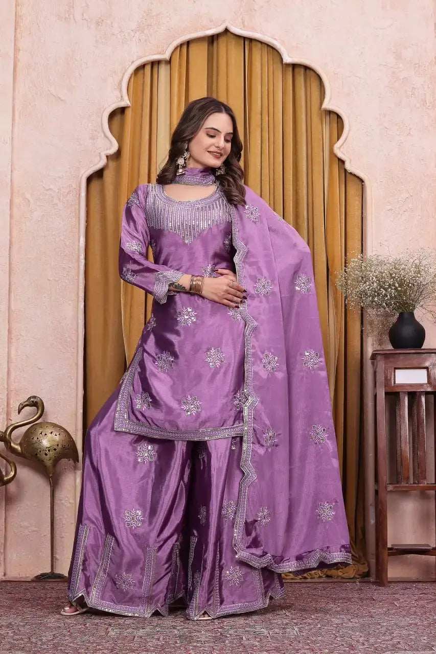 Purple Sharara Suit with Dupatta Draped – Scattered Mirror Booti on Chinon KU225