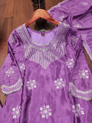 Purple Sharara Suit Flat Lay – Kurta Neckline with Tassel Sequin Embroidery Detail