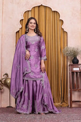 Purple Sequins Embroidered Sharara Suit – Full Front View with Chinon Fabric and Floral Booti Dupatta