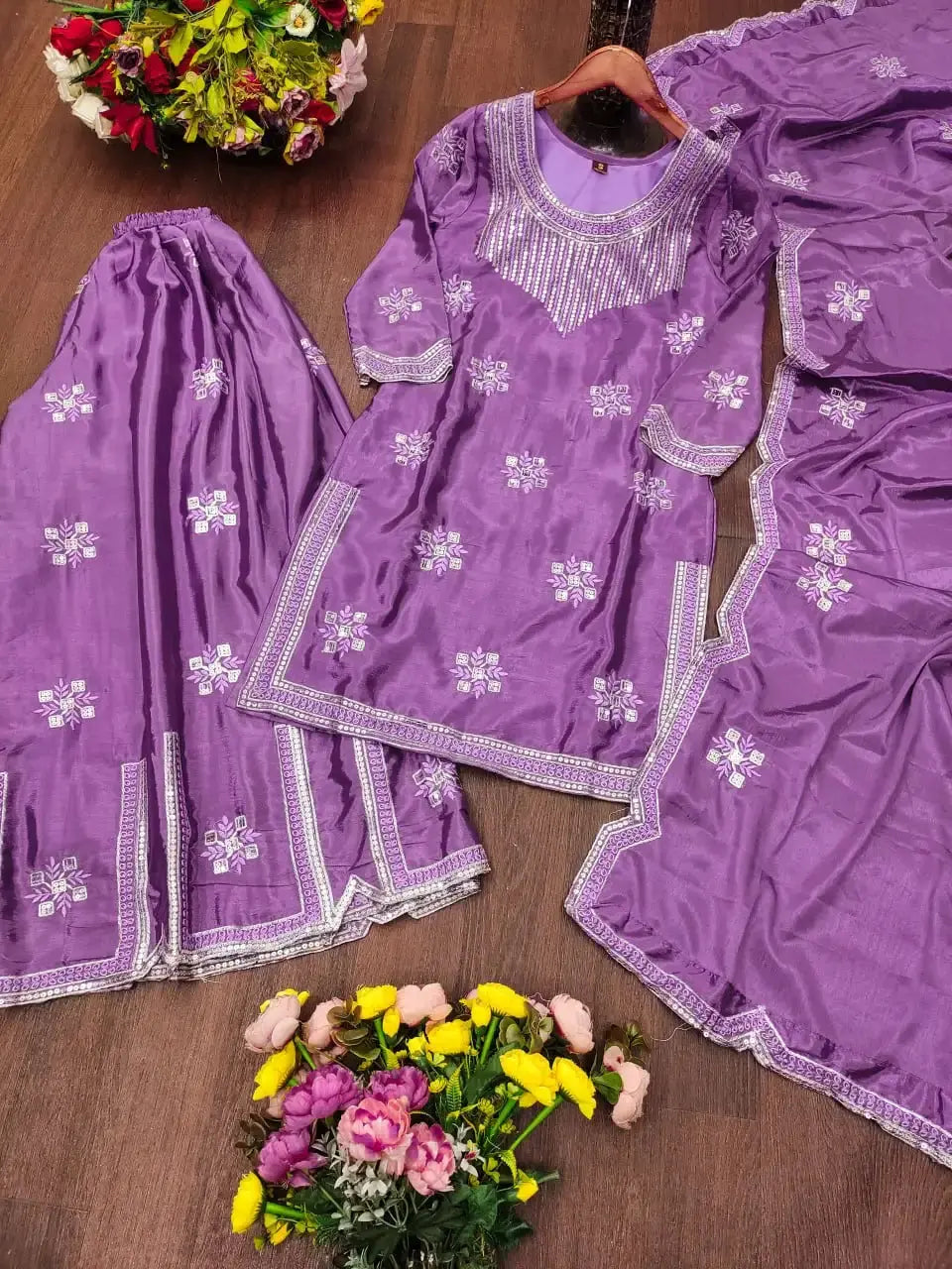 Purple Sequins Embroidered Sharara Suit Full Set Flat Lay – Kurta, Sharara and Dupatta KU225