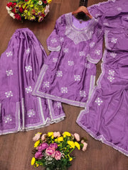 Purple Sequins Embroidered Sharara Suit Full Set Flat Lay – Kurta, Sharara and Dupatta KU225