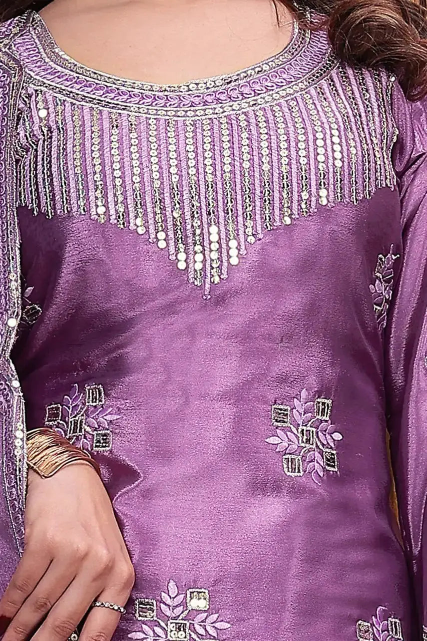 Purple Sharara Suit Neckline Close-Up – Dense Tassel Sequin Embroidery Cascading from Round Neck