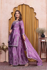 Purple Chinon Sharara Suit Side View – Full Sleeve with Floral Booti and Embroidered Border