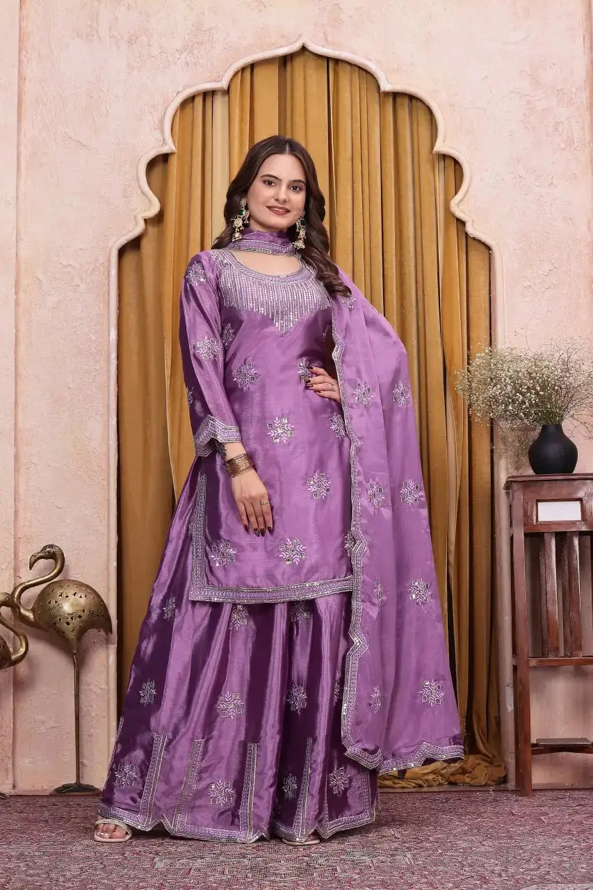 Purple Sharara Suit with Dupatta – Tassel Neckline Embroidery and Wide Sharara Bottom