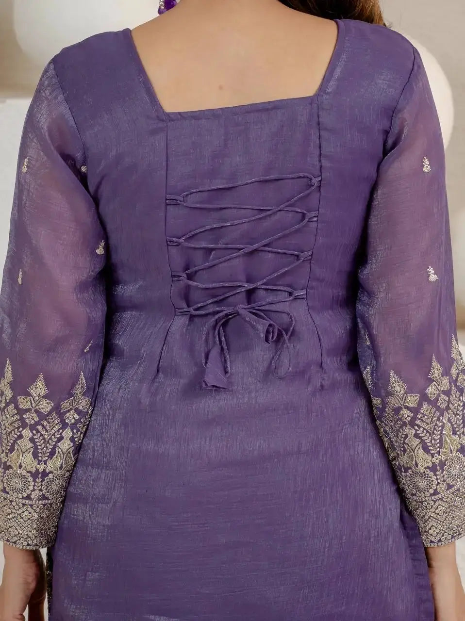 Open Dori Tie-Up Back Detail on Purple Crunchy Silk Blend Suit