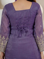 Open Dori Tie-Up Back Detail on Purple Crunchy Silk Blend Suit