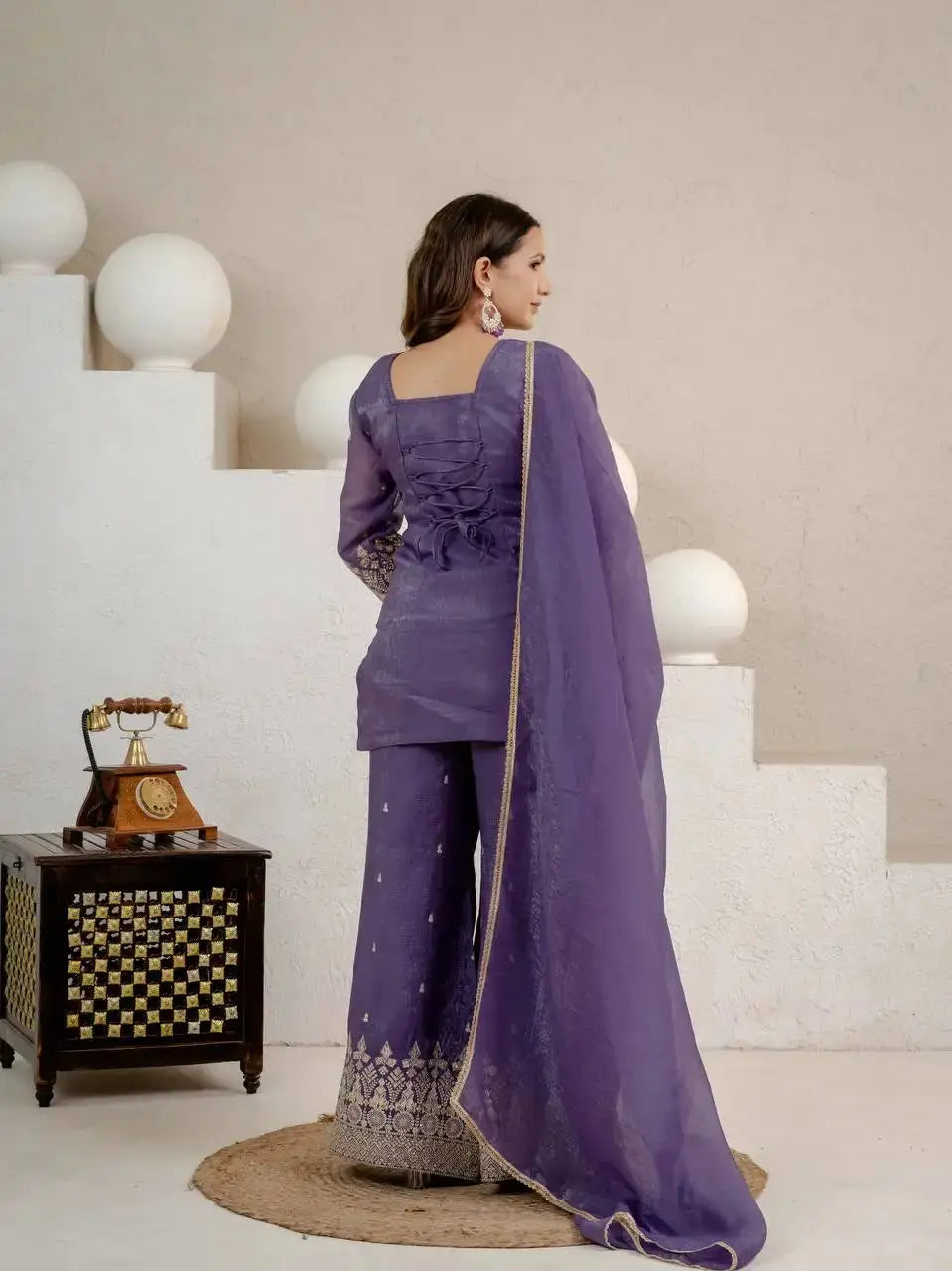 Purple Sequins Embroidered Suit – Back View with Open Dori Tie-Up