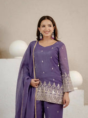 Sequins Embroidered Hem and Booti Detail on Purple Crunchy Silk Suit