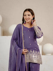 Purple Crunchy Silk Suit – Close Up Front with Zari Border Dupatta