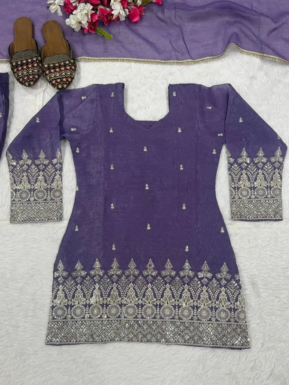 Purple Crunchy Silk Suit Flat Lay – Full Kurta with Zari Hem Border