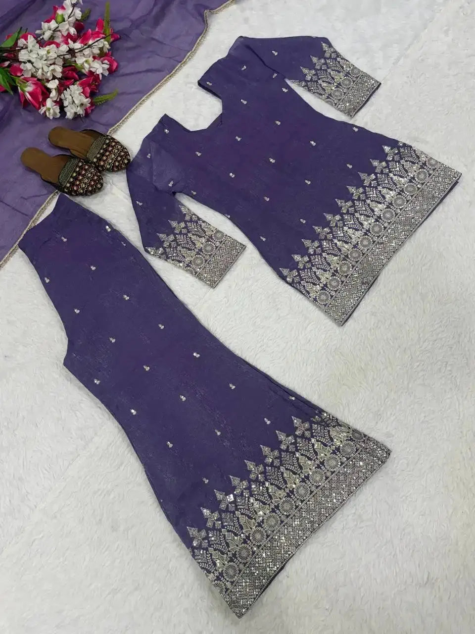 Purple Sequins Embroidered Suit and Palazzo Flat Lay – Full Set View