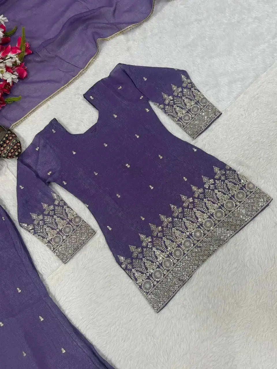 Purple Sequins Embroidered Suit – Flat Lay Showing Kurta and Dupatta