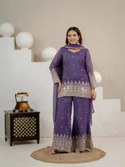 Purple Suit with Palazzo and Dupatta – Front View with Dupatta Draped
