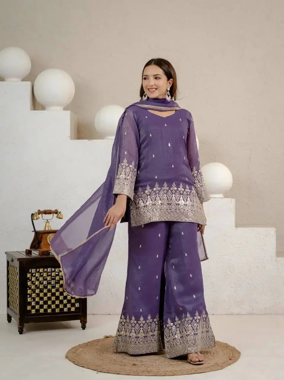 Purple Crunchy Silk Palazzo Suit – Full Length Front View