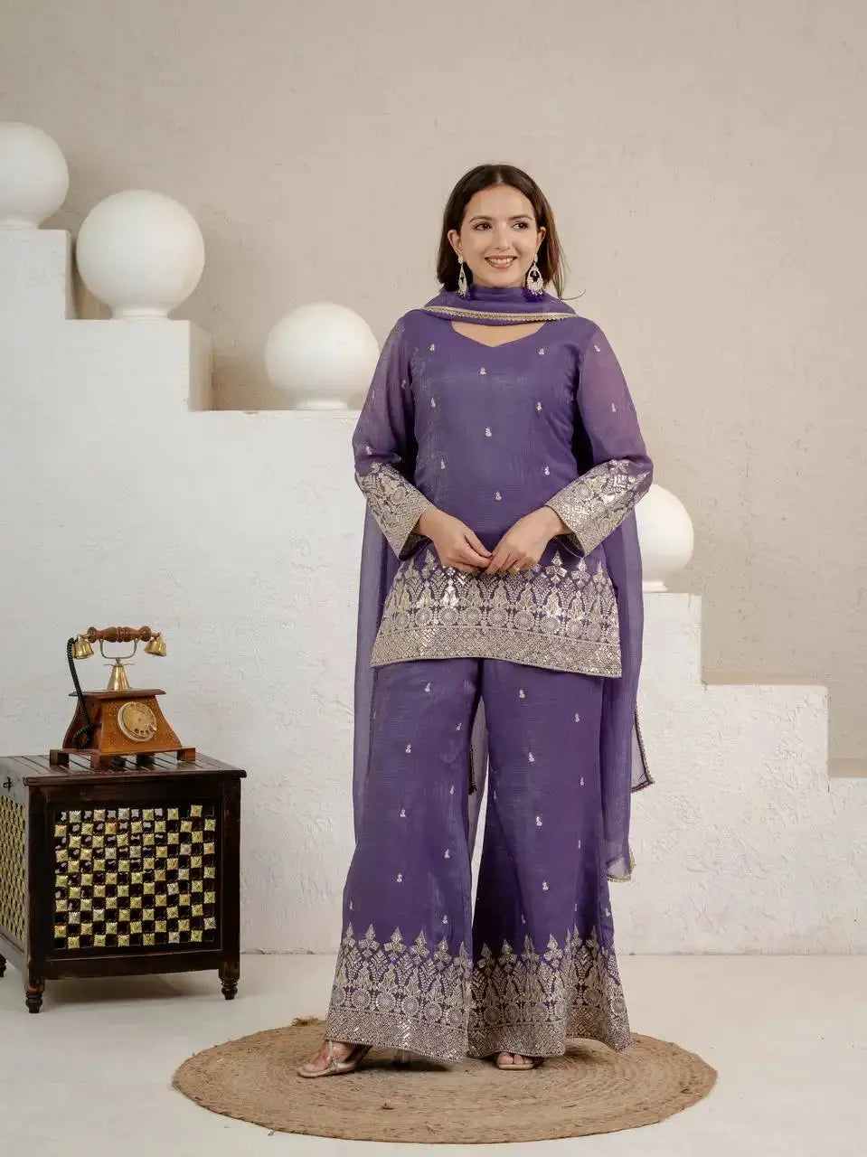 Purple Suit with Zari Border Dupatta – Front Standing View