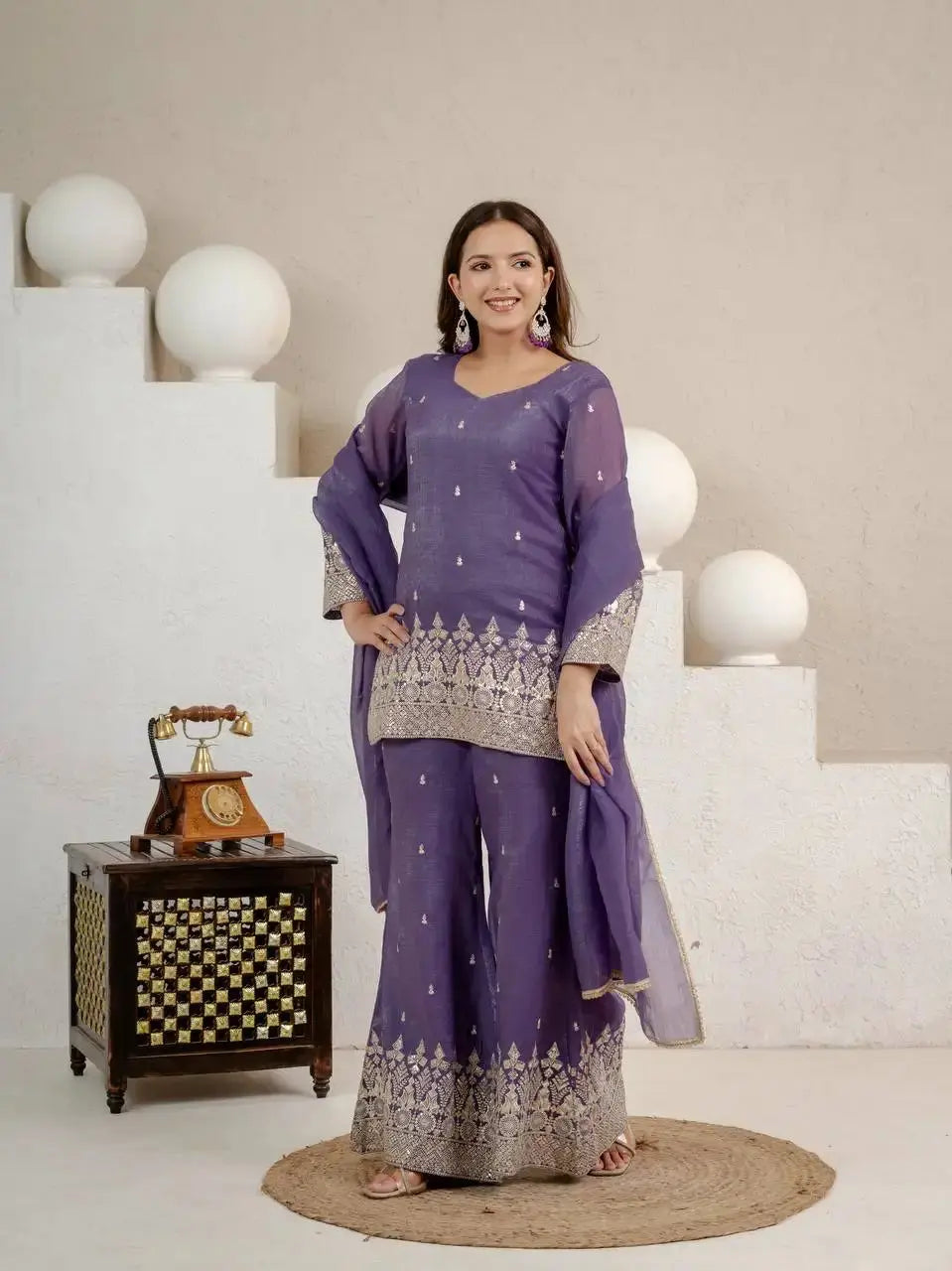 Purple Sequins Embroidered Suit in Crunchy Silk Blend – Front Model View