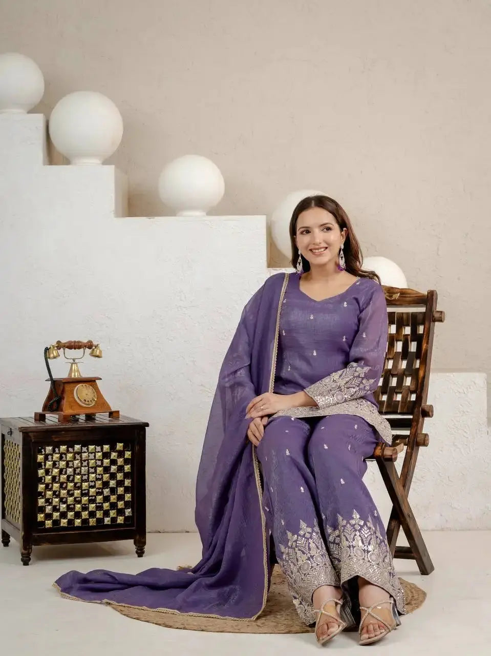 Purple Palazzo Suit – Seated Model View Showing Hem Embroidery