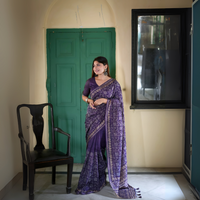 Purple Printed with Floral Embroidery Work Tussar Silk Saree
