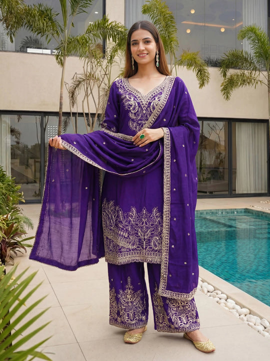 purple sequins codding with embroidery work chinon silk suit