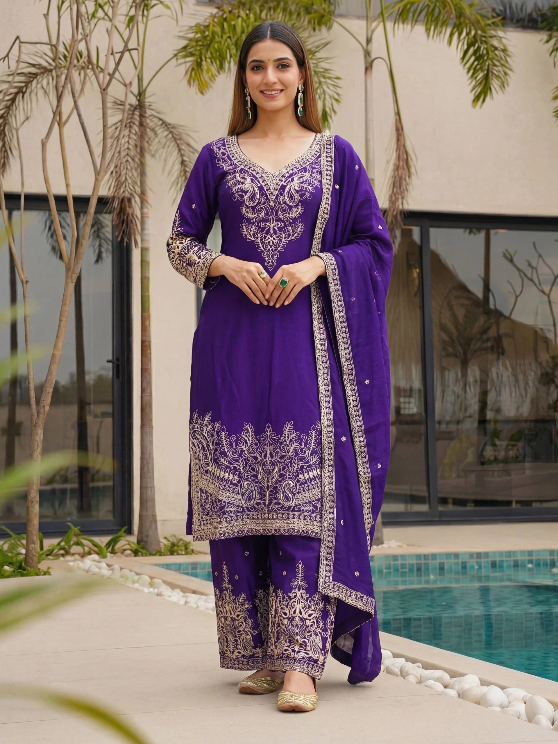 Woman in a purple embroidered outfit standing by a poolside.