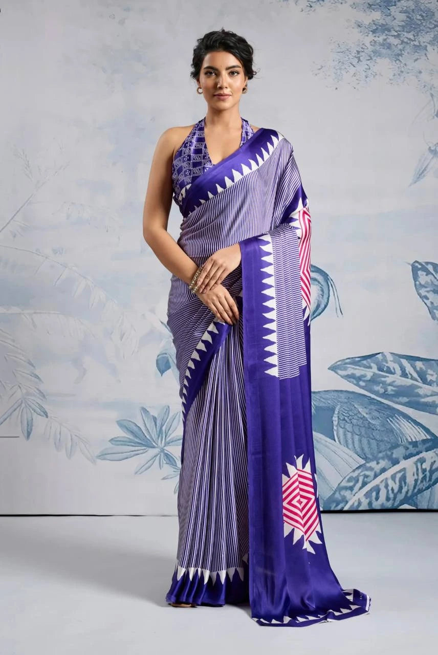 Purple Temple Print Silk Saree