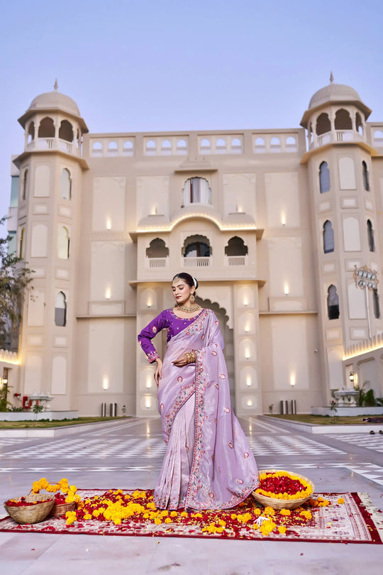 Woman in a pink saree standing in front of a building with decorative flowers on the ground.