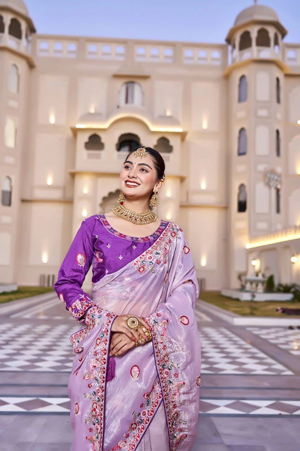 Purple Thread Sequins Embroidered Pure Silk Saree