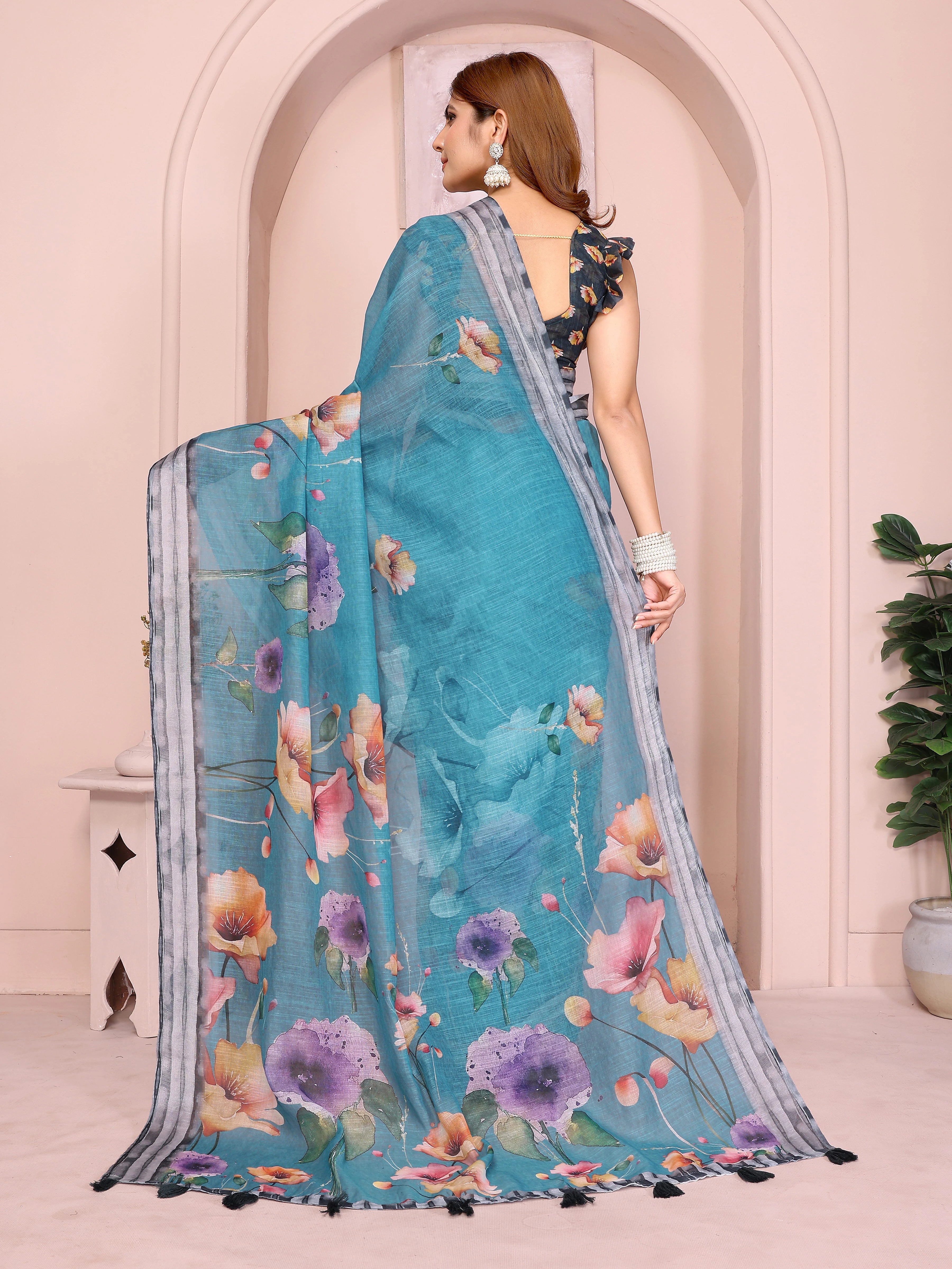 Rama Blue Digital Floral Print Saree – back view showing pallu drape with bold florals and blouse back detail