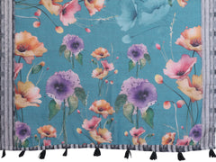 Rama Blue Digital Floral Print Saree – flat lay showing full watercolour poppy and pansy floral design