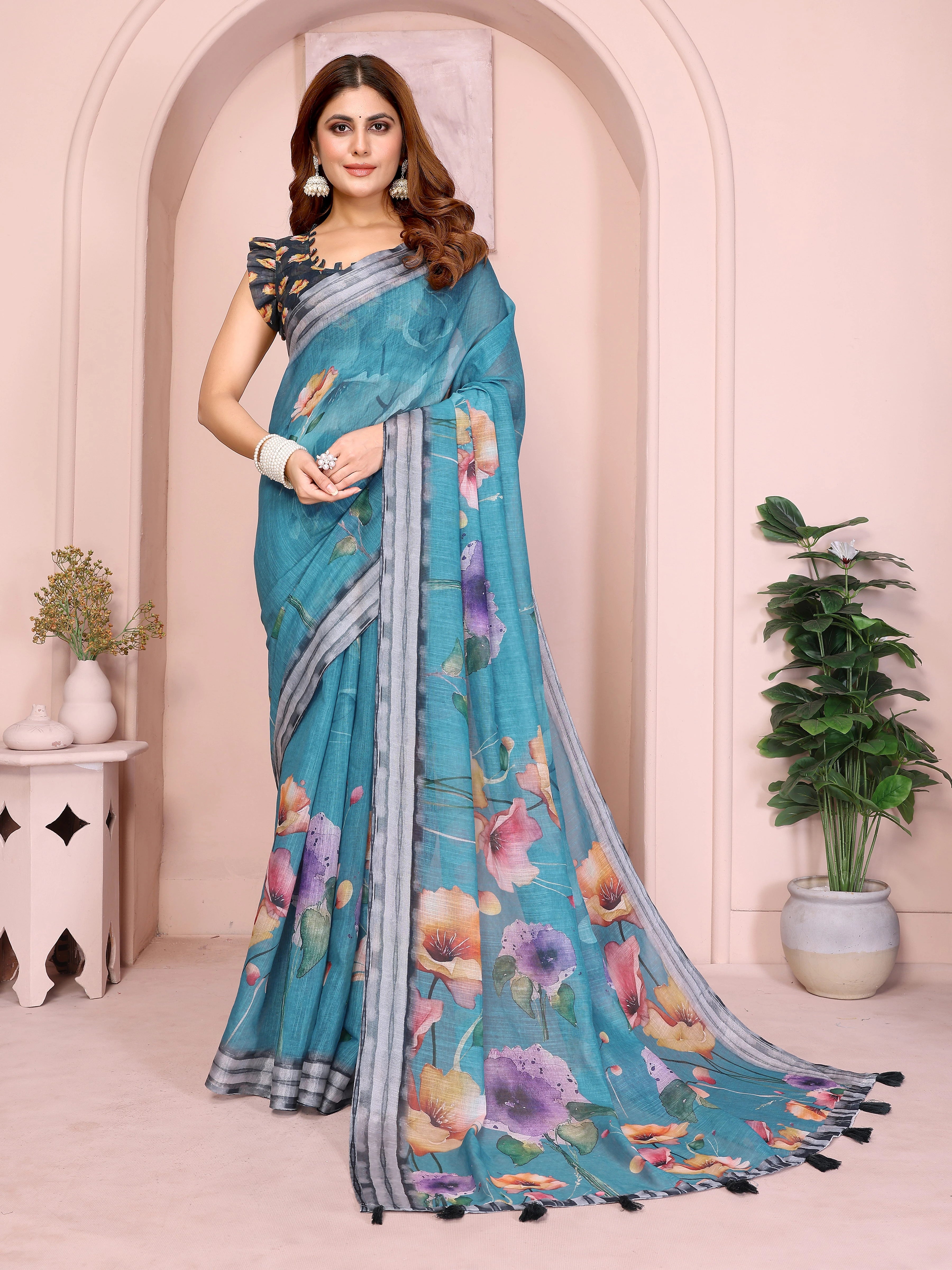 Rama Blue Digital Floral Print Saree – standing front view in linen cotton with bold watercolour floral motifs