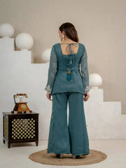 Back view of Rama Blue Sequins Embroidered Suit showing lace-up corset back