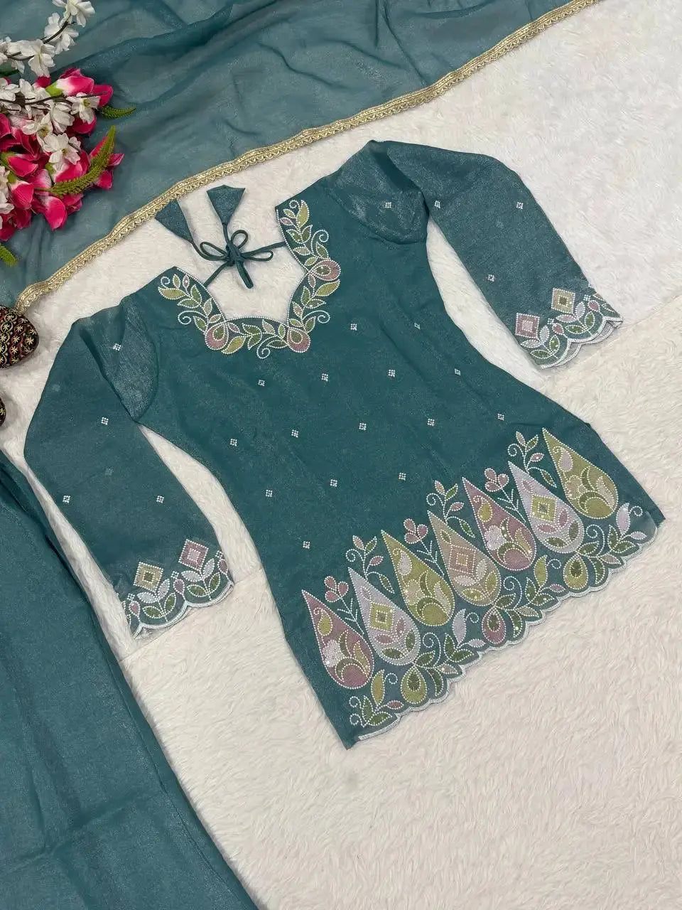 Flat lay of Rama Blue Sequins Embroidered Suit kurta showing embroidery border