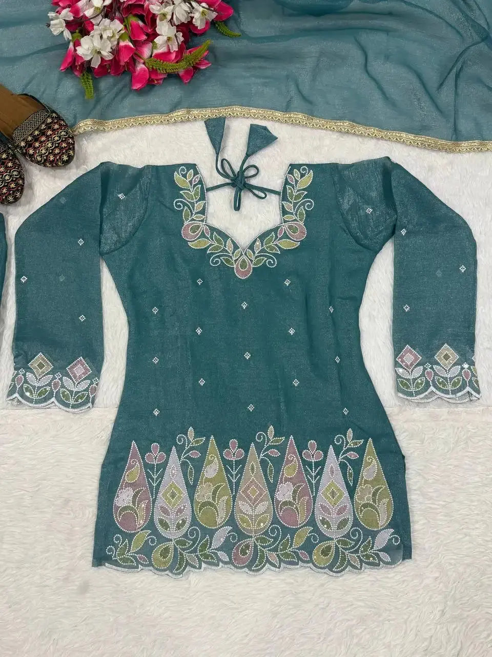 Flat lay of Rama Blue Sequins Embroidered Suit with dupatta