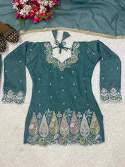 Flat lay of Rama Blue Sequins Embroidered Suit with dupatta