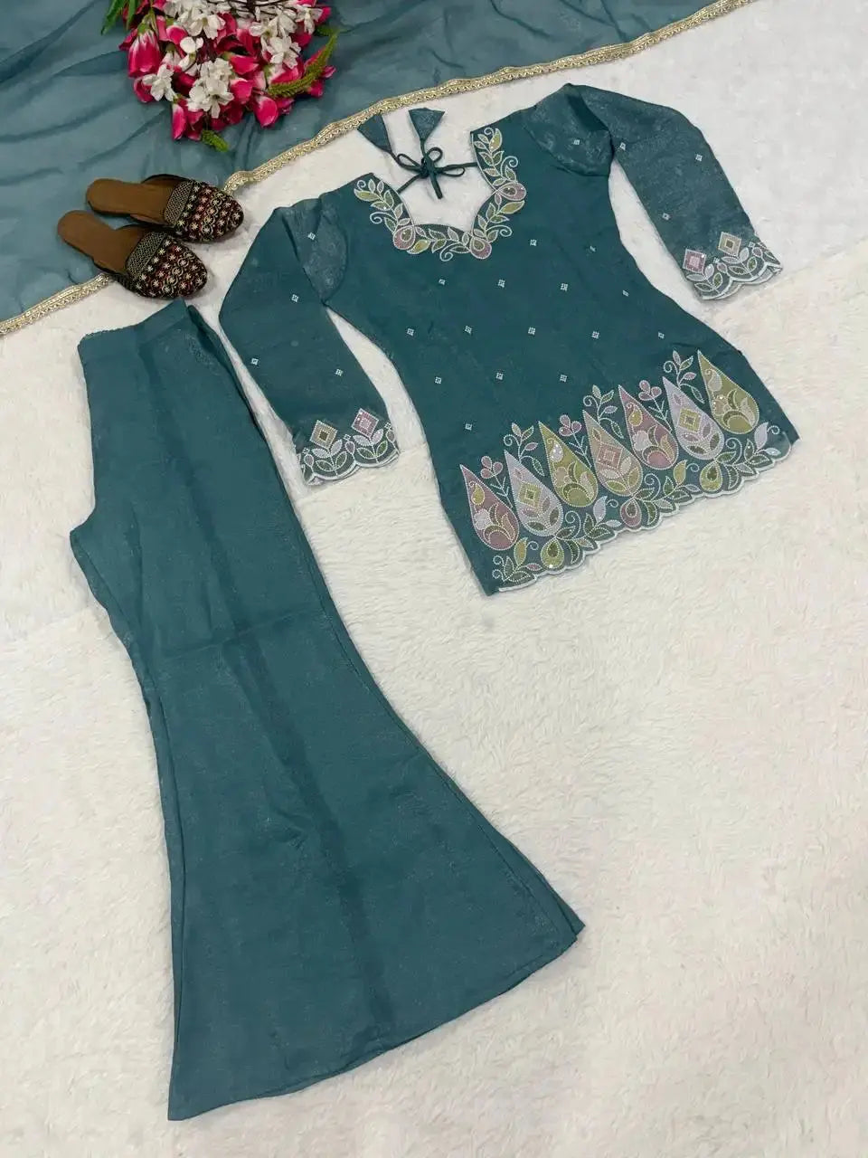Flat lay of Rama Blue Sequins Embroidered Suit kurta and palazzo set