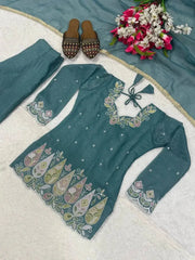 Complete flat lay of Rama Blue Sequins Embroidered Suit set with dupatta