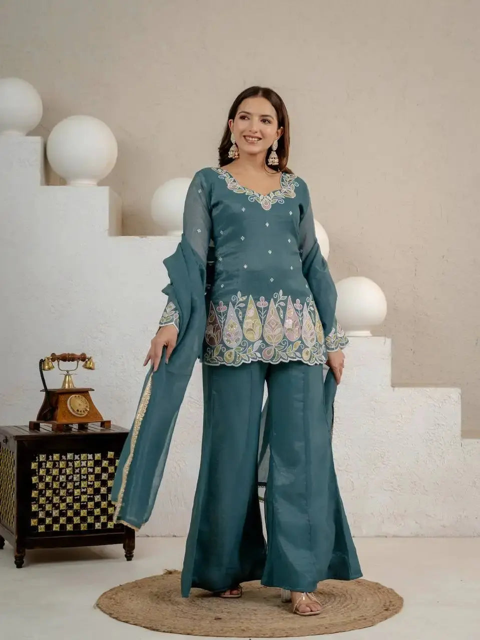 Full length front view of Rama Blue Sequins Embroidered Suit with palazzo